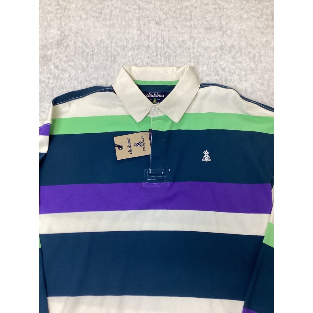 Chubbies Mens The Blocked Legacy Shirt XL Long Sleeve Rugby Polo Striped Navy